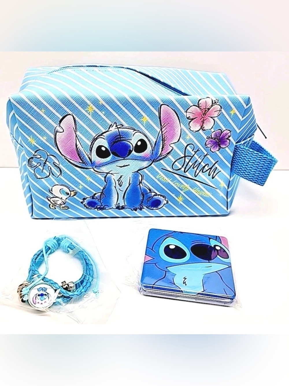 3 Pc STITCH ZIP COSMETIC MAKEUP BAG, BRACELET & COMPACT FOLDING  MIRROR